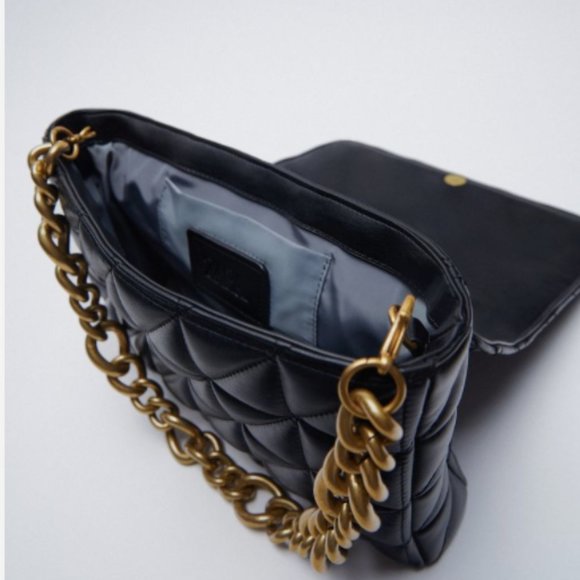 Zara Black Quilted Shoulder Bag with Gold Chain - Picture 2 of 8